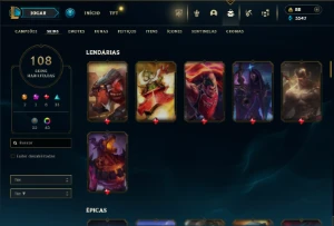 Ouro 2 com TODOS os champs e 108 Skins + 7 Vitoriosas + Rara - League of Legends LOL