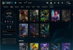 Conta Platina 1 com TODOS os champs e 629 Skins (Nivel 1022) - League of Legends LOL