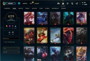 Conta Platina 1 com TODOS os champs e 629 Skins (Nivel 1022) - League of Legends LOL