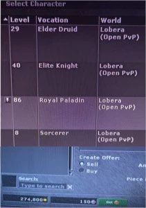 Royal Paladin 86 + Kina 40 + Druid 29 Lobera  set completo - Tibia