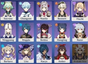 Ganyu + Agitação + Ayaka + Shenhe + Childe + Mona c1 + Qiqi - Genshin Impact
