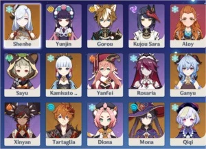 Ganyu + Agitação + Ayaka + Shenhe + Childe + Mona c1 + Qiqi - Genshin Impact