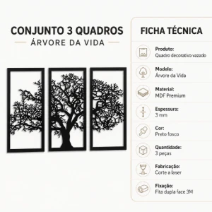 Trio Árvore da Vida em MDF Preto - Artesanato e Personalizados