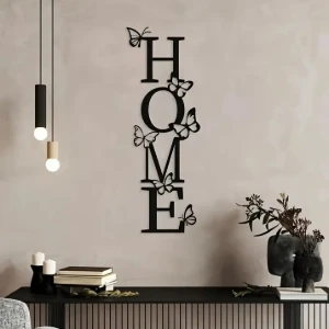 Letreiro HOME com Borboletas em MDF Preto 40 x 15 cm