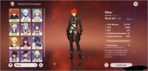 Diluc AR33, Lv60, Estátuas lv10 Geo e Anemo, mundo 3 - Genshin Impact