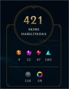 Conta Platina League of Legends com 421 skins (12 miticas) LOL