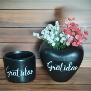 Conjunto vaso coração e cachepot Gratidão preto