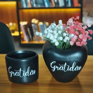 Conjunto vaso coração e cachepot Gratidão preto - Artesanato e Personalizados