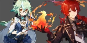 Conta Genshin *AR 7* Diluc e sucrose e 5 itens 4 estrelas - Genshin Impact