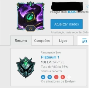 CONTA PLATINA 1 SMURF, WIN RATE ALTO, E-MAIL NÃO VERIFICADO - League of Legends LOL