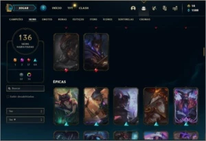 Conta platina 3 com 145 champs e 136 skins (1 Prestigio) - League of Legends LOL