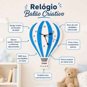 Relógio Infantil Balão em MDF 25 cm - Artesanato e Personalizados