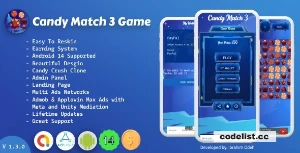 Jogo Candy Match 3 com sistema de ganhos e painel adm