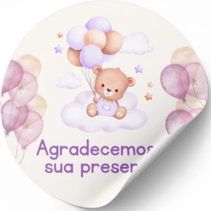 50 Adesivos Ursinho Lilás para Chá de Bebê - Artesanato e Personalizados