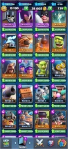 LV13, 59 CARTAS FULL, 9 TORRES, 66 EMOTES, 150K ESTELAS... - Clash Royale