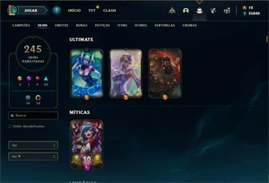 Conta ouro 2 com TODOS os champs e 245 Skins + 2 Raras - League of Legends LOL