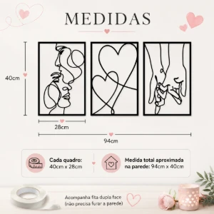 Kit 3 Quadros Casal Minimalista em MDF 40 x 28 cm - Artesanato e Personalizados