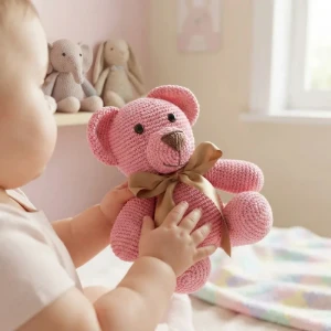 Urso Rosa Laço Dourado Amigurumi - Artesanato e Personalizados