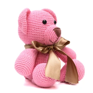 Urso Rosa Laço Dourado Amigurumi - Artesanato e Personalizados