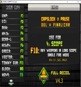 🛠️ PUBG Script V4.3 – Anti Recoil Otimizado + Bind Menu Com