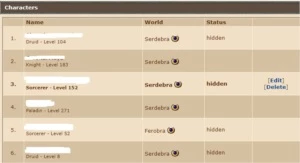 SERDEBRA PALADIN 281+ EK 183 + SORCE 152 + DRUID 104 BARBADA - Tibia