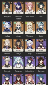 Ar56. Raiden c3 + bis, Xianyun c2, Xiao, Furina, Yae Miko, a