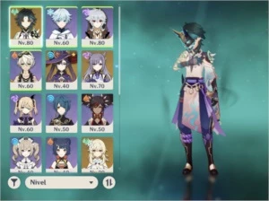Ar45. Xiao + lança de jade/ mona e keqing, 3 armas t5 - Genshin Impact