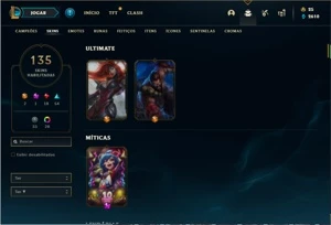 Conta ouro 4 com 114 Champs e 135 Skins + 28 Cromas - League of Legends LOL