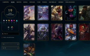ouro 2, 19 Skins, 3 Lendárias, Lvl 68, Upada na Mão,84champ - League of Legends LOL