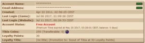CONTA COM 30 DIAS DE VOUCHERS E 250 TIBIA COINS