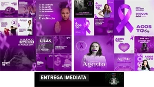 Pack 20 Arte Agosto Lilás Editável Canva - Serviços Digitais