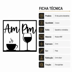 Kit 2 Quadros AM Café e PM Vinho em MDF Preto - Artesanato e Personalizados