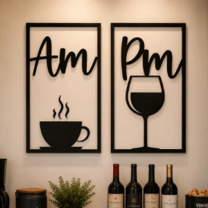 Kit 2 Quadros AM Café e PM Vinho em MDF Preto