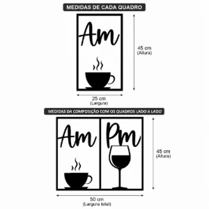Kit 2 Quadros AM Café e PM Vinho em MDF Preto - Artesanato e Personalizados