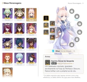 Conta Genshin Impact com 15 T5* Armas e 21 personagens T4