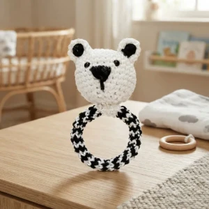 Chocalho Ursinho Preto e Branco Amigurumi - Artesanato e Personalizados