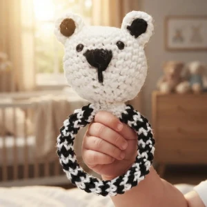 Chocalho Ursinho Preto e Branco Amigurumi - Artesanato e Personalizados