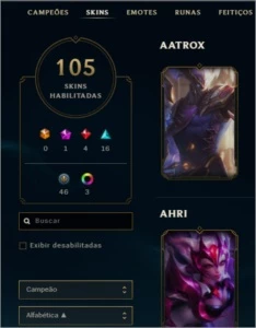 Gold IV, todos campeões habilitados, honra lvl 3, 105 skins - League of Legends LOL