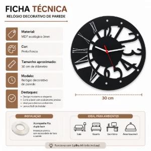 Relógio Vazado em MDF Preto 30 cm - Artesanato e Personalizados
