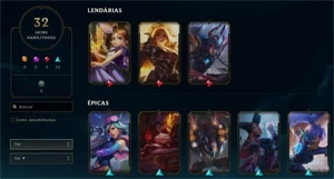 Ouro IV, 91 Campeões, 32 Skins, 3 Lendárias e 13 Épicas - League of Legends LOL