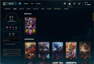 Conta Unranked com 69 Champs e 61 Skins + 6 Vitoriosas - League of Legends LOL