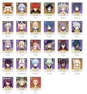 [AR 56] Ganyu, Venti, Klee, Diluc, Keqing + 4 Armas 5* - Genshin Impact
