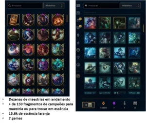 Conta LOL - level 516, 589 skins, 738 pontos maestrias etc - League of Legends