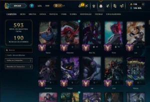 Ouro 1 com TODOS os Champs e 247 Skins +3 Prestigios - League of Legends LOL