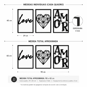 Kit 3 Quadros Love Amor em MDF Preto 42 x 29 cm - Artesanato e Personalizados