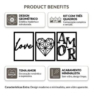 Kit 3 Quadros Love Amor em MDF Preto 42 x 29 cm - Artesanato e Personalizados