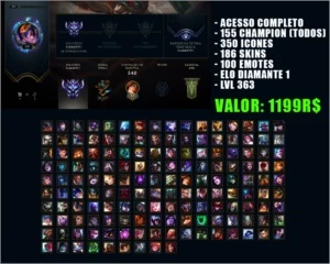 CONTA COM TODOS OS CHAMPION 186 SKINS DIAMANTE 1 - League of Legends LOL