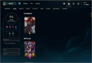 Conta platina 1 com 65% de Win rate, 94 champs e 96 skins - League of Legends LOL