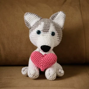 Husky com coração em amigurumi - Artesanato e Personalizados