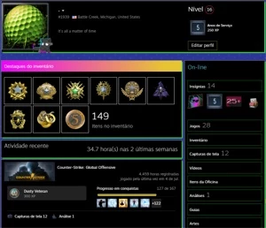 conta global 1028 wins com 9 medalhas, 4,459 horas de jogo - Counter Strike CS